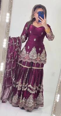 Wine heavy fandy silk party wear embroidery sharara suit set 3