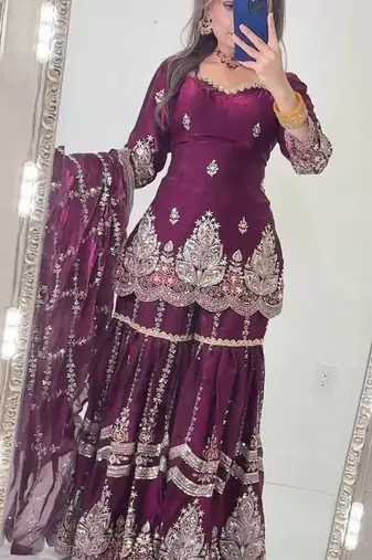 Wine heavy fandy silk party wear embroidery sharara suit set