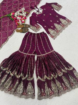 Wine heavy fandy silk party wear embroidery sharara suit set 4