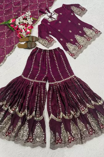 Wine heavy fandy silk party wear embroidery sharara suit set