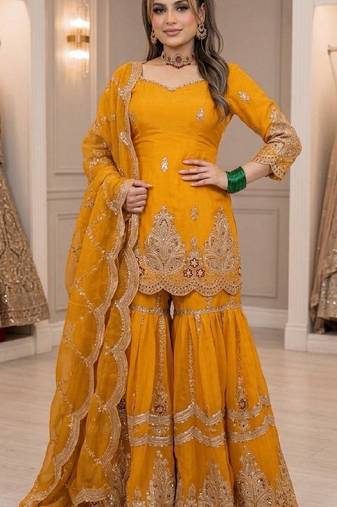 Yellow heavy fandy silk party wear embroidery sharara suit set