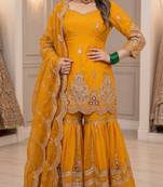 Yellow heavy fandy silk party wear embroidery sharara suit set