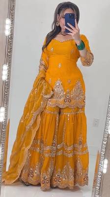Yellow heavy fandy silk party wear embroidery sharara suit set 2