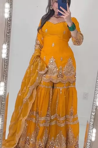 Yellow heavy fandy silk party wear embroidery sharara suit set