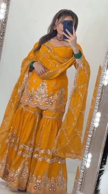 Yellow heavy fandy silk party wear embroidery sharara suit set 3
