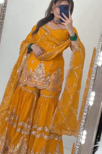 Yellow heavy fandy silk party wear embroidery sharara suit set