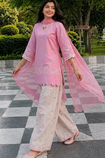 Pink heavy roman silk party wear embroidery farshi salwar suit set