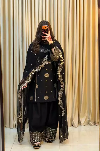 Black heavy faux georgette party wear embroidery suit set