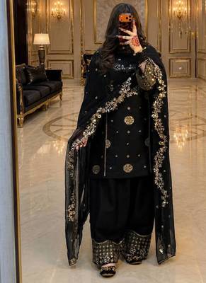Black heavy faux georgette party wear embroidery suit set 2
