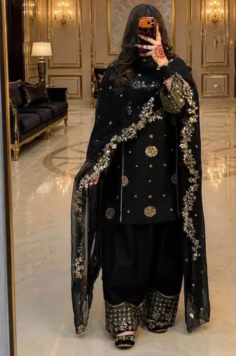 Black heavy faux georgette party wear embroidery suit set