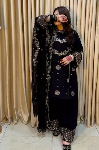 Black heavy faux georgette party wear embroidery suit set