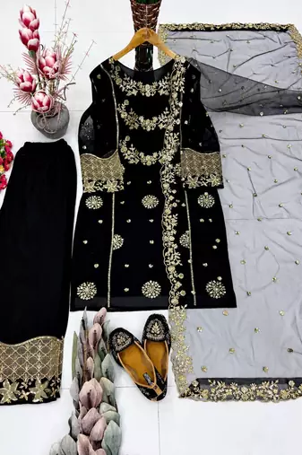 Black heavy faux georgette party wear embroidery suit set