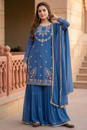 Blue heavy faux georgette party wear embroidery suit set