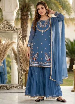 Blue heavy faux georgette party wear embroidery suit set 2