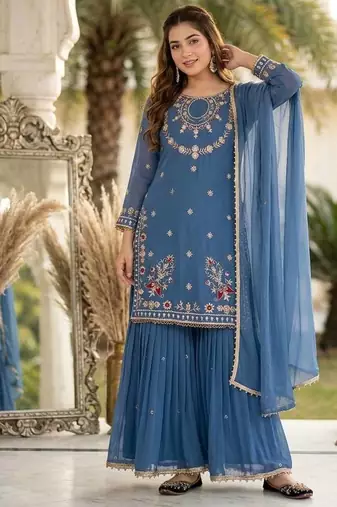 Blue heavy faux georgette party wear embroidery suit set