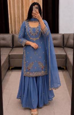 Blue heavy faux georgette party wear embroidery suit set 3