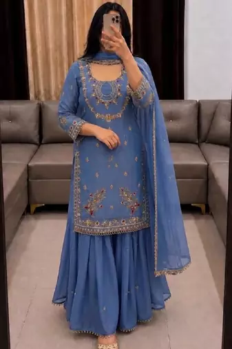Blue heavy faux georgette party wear embroidery suit set