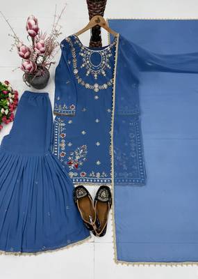 Blue heavy faux georgette party wear embroidery suit set 4