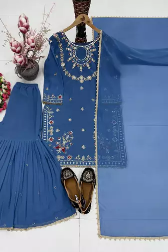 Blue heavy faux georgette party wear embroidery suit set