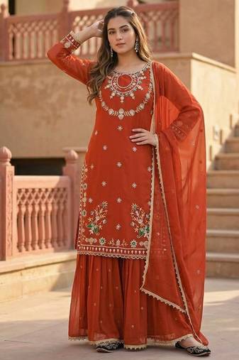 Brown heavy faux georgette party wear embroidery suit set