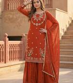 Brown heavy faux georgette party wear embroidery suit set