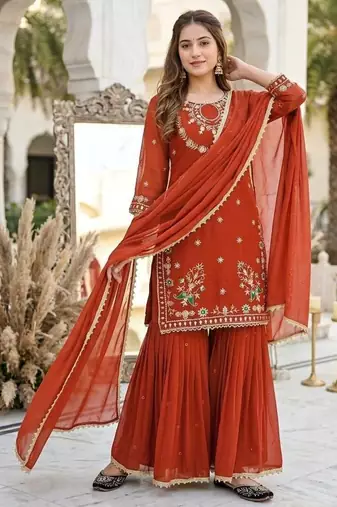 Brown heavy faux georgette party wear embroidery suit set