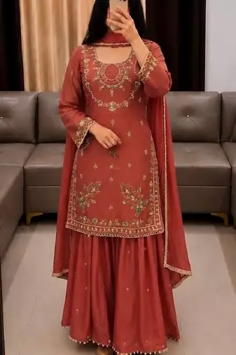 Brown heavy faux georgette party wear embroidery suit set