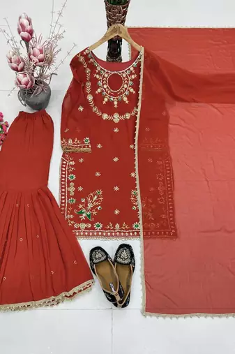 Brown heavy faux georgette party wear embroidery suit set