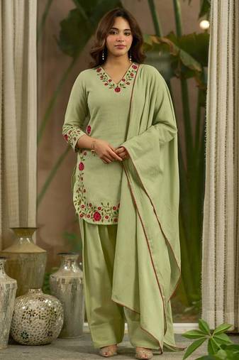 Green mal chanderi cotton party wear embroidery farshi salwar suit set