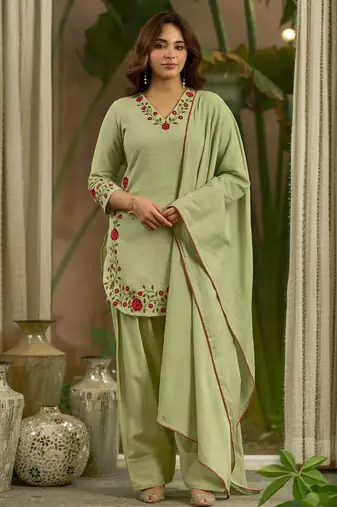 Green mal chanderi cotton party wear embroidery farshi salwar suit set