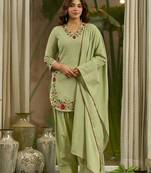 Green mal chanderi cotton party wear embroidery farshi salwar suit set