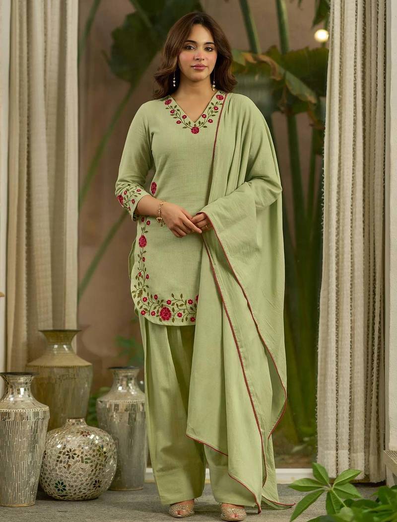 Green mal chanderi cotton party wear embroidery farshi salwar suit set