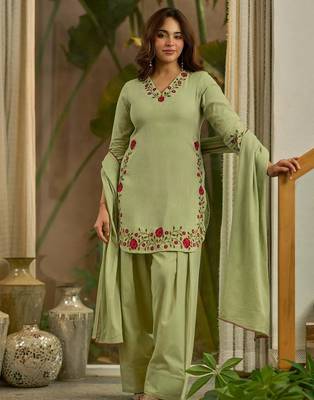 Green mal chanderi cotton party wear embroidery farshi salwar suit set 2