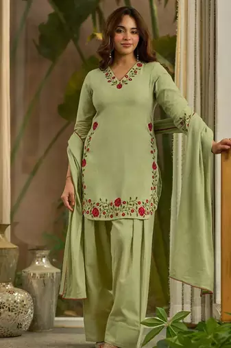 Green mal chanderi cotton party wear embroidery farshi salwar suit set