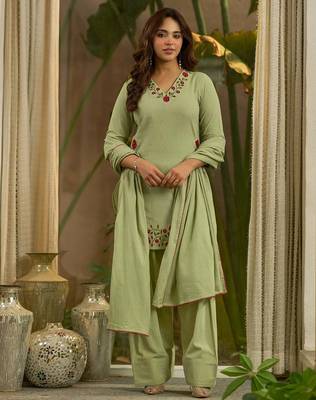 Green mal chanderi cotton party wear embroidery farshi salwar suit set 3