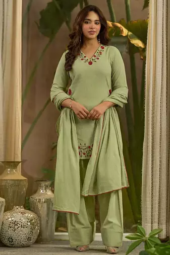 Green mal chanderi cotton party wear embroidery farshi salwar suit set