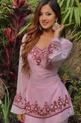 Pink heavy faux georgette party wear embroidery suit set