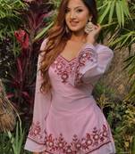 Pink heavy faux georgette party wear embroidery suit set