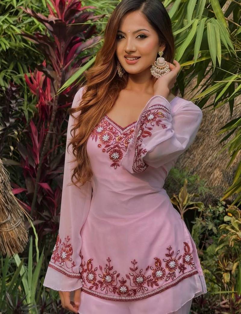 Pink heavy faux georgette party wear embroidery suit set