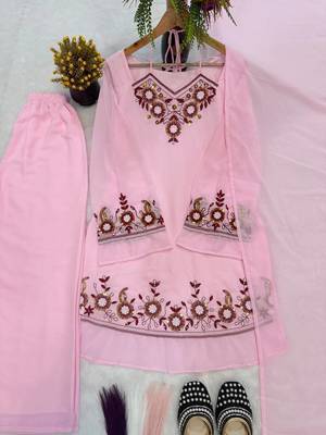 Pink heavy faux georgette party wear embroidery suit set 3