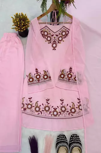 Pink heavy faux georgette party wear embroidery suit set