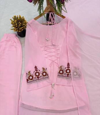 Pink heavy faux georgette party wear embroidery suit set 4