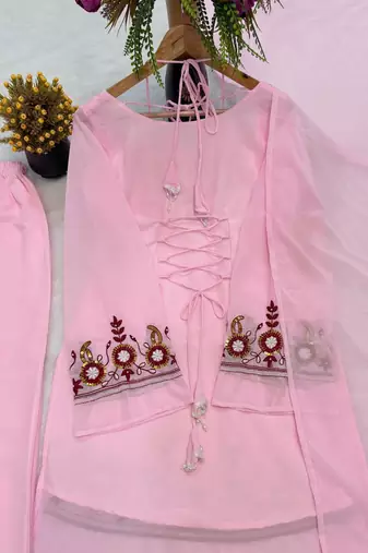 Pink heavy faux georgette party wear embroidery suit set