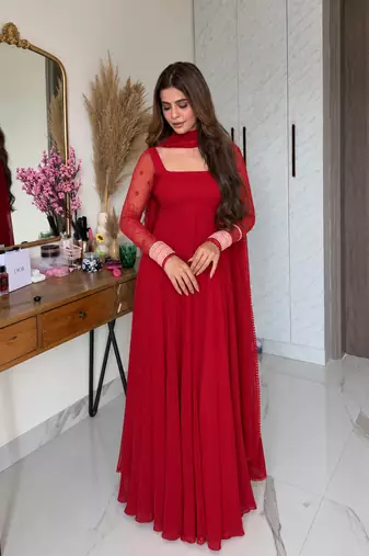Red pure faux georgette embroidery wear anarkali suit set