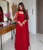 Red pure faux georgette embroidery wear anarkali suit set