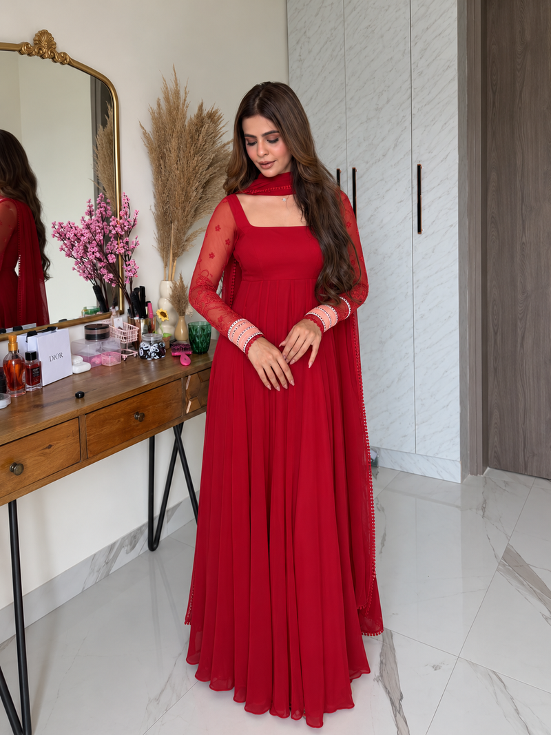 Red pure faux georgette embroidery wear anarkali suit set