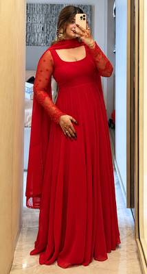 Red pure faux georgette embroidery wear anarkali suit set 2