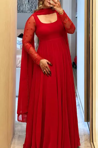 Red pure faux georgette embroidery wear anarkali suit set