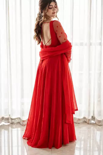 Red pure faux georgette embroidery wear anarkali suit set