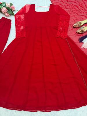 Red pure faux georgette embroidery wear anarkali suit set 4